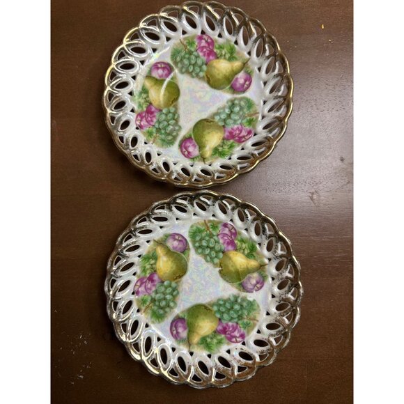 Fruit Motif Fan Crest Lusterware Saucer Trinket Dish Iridescent Set of 2 Vintage - Picture 2 of 11
